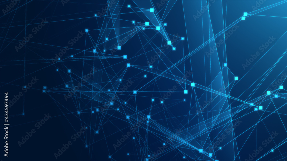 Poster Abstract blue polygon tech network with connect technology background. Abstract dots and lines texture background. 3d rendering.
