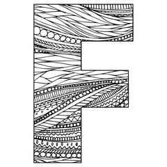 Zentangle stylized alphabet - letter F. vector illustration Black white hand drawn doodle, ethnic pattern