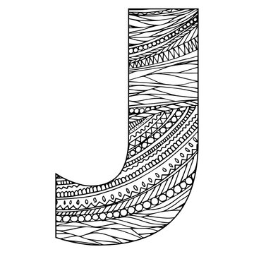 Zentangle stylized alphabet - letter J. vector illustration Black white hand drawn doodle, ethnic pattern