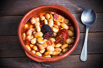 Typical homemade stew casserole in Spain, Fabada Asturiana