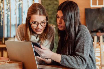 Two young business women sitting at table in cafe. Girl shows colleague information on laptop screen. Girl using smartphone, blogging. Teamwork, business meeting.