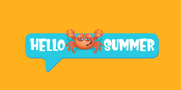 hello summer horizontal banner or poster design template with funky red crab character isolated on orange background. summer beach party design template. Hello summer concept