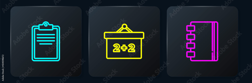 Poster set line clipboard with checklist, spiral notebook and chalkboard. black square button. vector