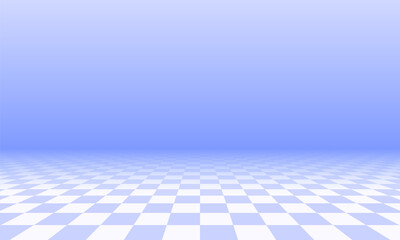 Abstract checkered floor in blue surreal interior. Room with no horizon and tiled floor.