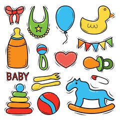 Set of hand drawn baby and newborn doodle for icon, banner. Cartoon sketch style doodle with baby girl and boy toy, food, ball, balloon, milk bottle, birthday elements. Vector illustration