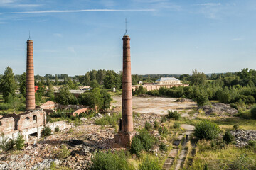 Aerial view of abandoned Kuldiga town match factory and wood processing company Vulkans, Latvia.