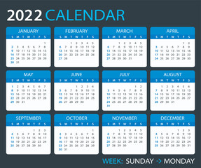 2022 Calendar - vector template graphic illustration - Sunday to Monday