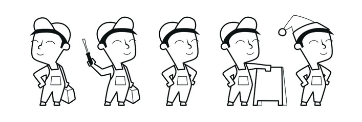 Mechanic, electrician, plumber. Funny cartoon style worker drawing.  Only outline