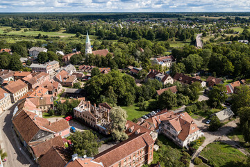 Aerial view of old town in city Kuldiga and red roof tiles, Latvia