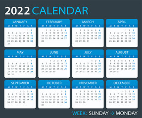 2022 Calendar - Week starts from Monday. European version - vector template graphic illustration