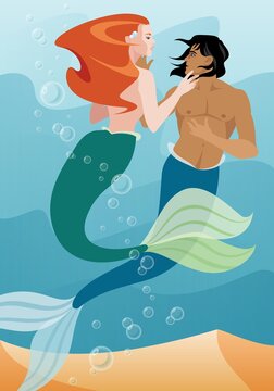 Hand drawn man and woman mermaids cartoon characters, romantic relationship. Mermaids happy romantic couple.