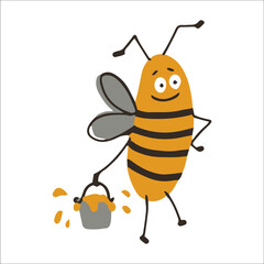 bee collects honey, yellow cartoon bee with cute little bucket, character isolated on white background,beekeeper's day