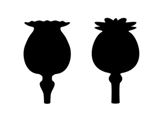 Poppy heads black silhouette. Icon, sign, logo. Flat vector illustration isolated on white. Close-up. EPS10. - obrazy, fototapety, plakaty