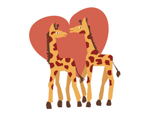 A poster with cute animals. Two stylized giraffes with long necks against a heart background. A declaration of love. Vector Postcard