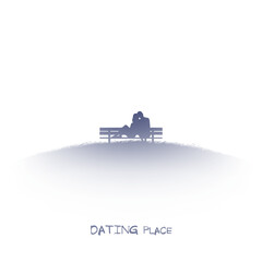 Lovers sitting on bench. Dating place. Isolated silhouette of couple