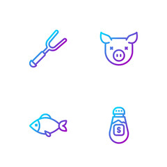 Set line Salt, Fish, Barbecue fork and Pig. Gradient color icons. Vector