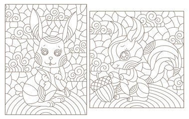 Set of contour illustrations in the style of stained glass with cute cartoon rabbit and squirrel, dark outlines on a white background