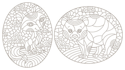 Set of contour illustrations in the style of stained glass with cute cartoon bear and fox, dark outlines on a white background