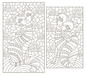 Set of contour illustrations in stained glass style with cute cartoon cats, dark outlines on a white background, rectangular image