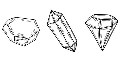 Doodles crystals isolated line collection. Hand drawn vector illustrations coloring. Sketch for a tattoo.