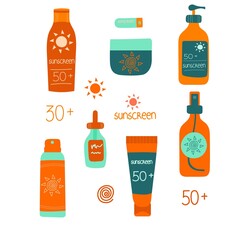 Collection of different sunblocks. Sunscreen icons for brochures, business cards, and templates. Skincare illustration