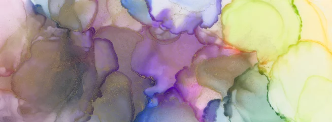 Fotobehang Abstract bubble blot watercolor rainbow color paintting horizontal long background. Marble alcohol ink. © Liliia