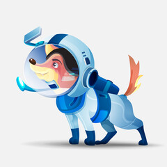 Vector illustration with a dog in a spacesuit. Cosmonaut dog. Cute dog cartoon character in an astronaut costume. Contented dog on a white background © Andrey