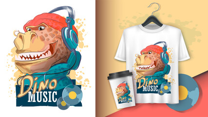 Dinosaur rapper in headphones and a hat. Tyrannosaur, typography slogan. Poster and merchandising. Can be used for print design greeting card used for print design, banner, poster, flyer template © Andrey