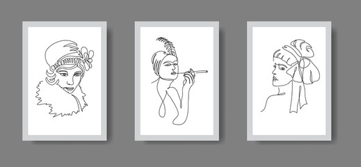 Fototapeta na wymiar Flapper girls from 20s black and white vector illustration set of wall art posters. One continuous line drawing of flapper girl portrait
