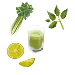 Green set of vegetables and fruits with glass of detox celery lime juice
