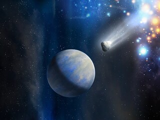Obraz na płótnie Canvas Earth-like exoplanet in deep space. An asteroid is approaching the planet. A beautiful space landscape with an alien planet, an asteroid and constellations 3d illustration. 