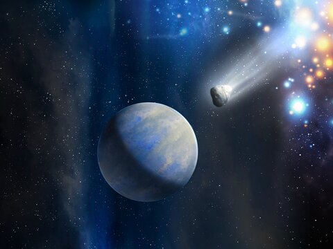 Earth-like exoplanet in deep space. An asteroid is approaching the planet. A beautiful space landscape with an alien planet, an asteroid and constellations 3d illustration. 
