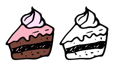 vector set of a piece of chocolate cake with pink icing and whipped cream or meringue on top. hand drawn in doodle style brownie brown cakes and pink koem and black outline on white background for des
