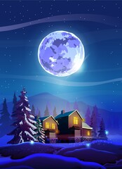 Card with vertical night beautiful landscape with winter houses, trees, mountain and Moon. Shine with purple moon, snow and deep blue sky. Landscape background for your arts