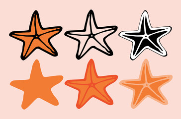 Fototapeta na wymiar A set of isolated starfish elements in a hand-drawn doodle style on a sand background. Orange starfish with black and red outline design vector illustration isolated elements for summer design with li