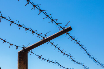 Steel barbed wire on the fence in the prison. Close-up.