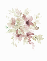 Abstract watercolor flowers painting on white background for greeting cards, invitations, fabric, packaging, wallpaper