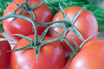 Five tomatoes with herbs on a wooden background close-up