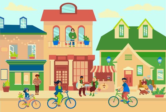 A small town street with store facade and a coffee kiosk. Elderly couple walks with dog, young man, woman and girl ride bikes, couple drinks coffee Concept illustration
