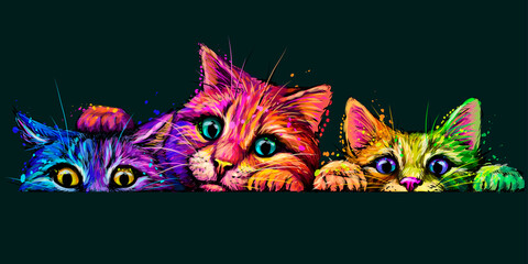 Cats. Wall sticker. Abstract, multicolored, neon portrait of three curious cats in the style of pop art on a dark green background. Digital vector graphics. The background is a separate layer.