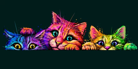 Foto auf Glas Cats. Wall sticker. Abstract, multicolored, neon portrait of three curious cats in the style of pop art on a dark green background. Digital vector graphics. The background is a separate layer. © AnastasiaOsipova