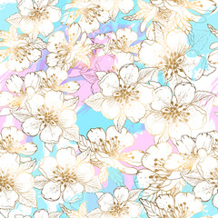 Fototapeta na wymiar Gold flowers pattern. Seamless pattern with gold flowers on a blue and pink background. Vector graphics.