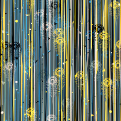 Obraz premium Blue and yellow seamless pattern with vertical lines and decorative elements. Abstract vector background for web page, banners backdrop, fabric, home decor, wrapping