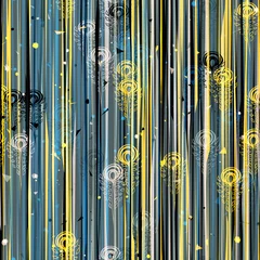  Blauw en geel naadloos patroon met verticale lijnen en decoratieve elementen. Abstracte vectorachtergrond voor webpagina, bannersachtergrond, stof, huisdecor, inwikkeling © SeamlessDT