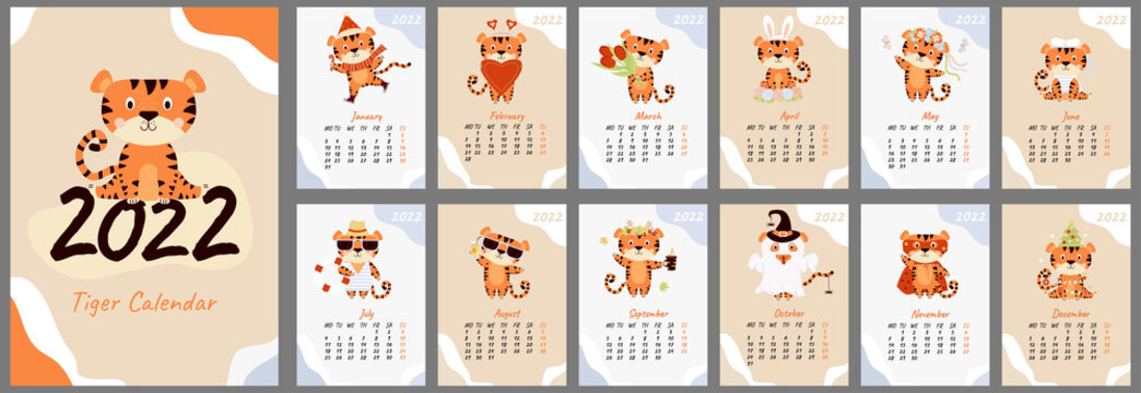 calendar template for 2022. vertical set of 12 pages and cover with different a cute tiger In English. Vector illustration. Week starts on Monday. Year of the Tiger in the Chinese or Eastern calendar