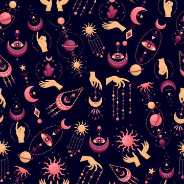 The seamless pattern with mystical astrological vector illustrations. Magic symbols. Zodiac. Astronomy.