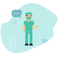 Surgeon wearing mask. Surgeon with scalpel. Composition with abstract elements