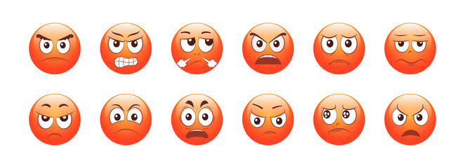 Angry emoticons set. Furious, red and sad faces. Vector illustration