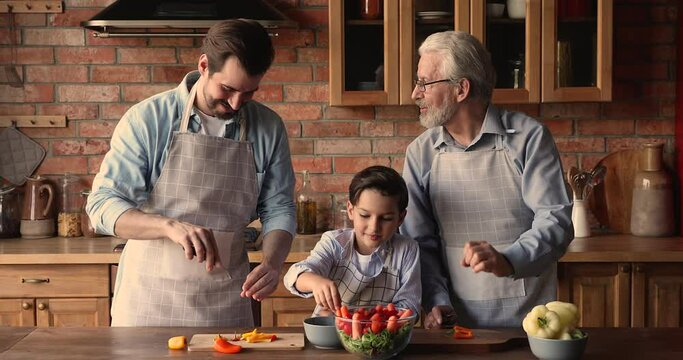 Different age men cook together in kitchen. Grandpa, adult son and little grandson prepare vegetarian dish talking enjoy weekend and communication. Kid development, three generational family concept