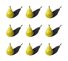 Nine fruit pears. Set of ripe pears with a hard shadow isolated on white background.